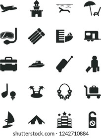 Solid Black Vector Icon Set - suitcase vector, sand castle, plane, camper, passenger, rolling case, hotel, tent, beach, arnchair under umbrella, hawaii wreath, diving mask, baggage, golf, yacht