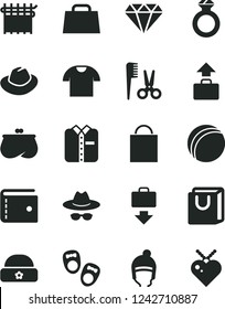 Solid Black Vector Icon Set - paper bag vector, purse, hat, with glasses, bath ball, accessories for a hairstyle, shoes little children, winter, warm, handles, T shirt, folded, cloth industry, hand