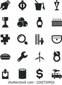 Solid Black Vector Icon Set - repair key vector, upload archive data, children's sand set, Puzzle, sink, magnifier, apple pie, bottle, half of medlar, blueberries, windmill, barrel, ink pen, pennant