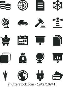 Solid Black Vector Icon Set - sign of the planet vector, calendar, hammer a judge, clean paper, globe, put in cart, copy, plug, retro car, lighthouse, coins, dollars, presentation, file, earth core