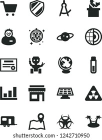 Solid Black Vector Icon Set - test tube vector, nuclear, biohazard, globe, scientist, drawing compass, growth graph, earth core, robot, sun panel, saturn, patente, camper, passort control, map, cart