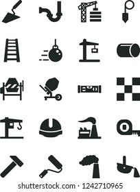Solid Black Vector Icon Set - crane vector, tower, big core, trowel, concrete mixer, measuring tape, new roller, stepladder, sewerage, building level, tile, construction helmet, plummet, hammer