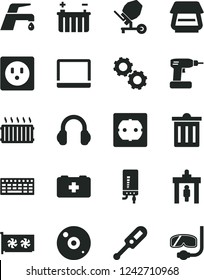 Solid Black Vector Icon Set - bin vector, electronic thermometer e, bag of a paramedic, concrete mixer, cordless drill, power socket type f, faucet, boiler, battery, aluminum radiator, notebook pc