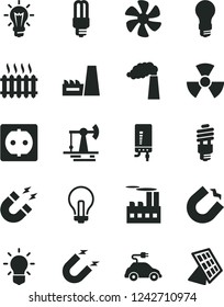 Solid Black Vector Icon Set - incandescent lamp vector, electronic boiler, marine propeller, working oil derrick, manufacture, light bulb, power socket, industrial building, thermal plant, mercury