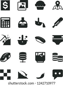 Solid Black Vector Icon Set - diaper vector, mercury thermometer, tile, picture, map, big data server, put in a box, cake, sushi, japanese, glass of tea, red pepper, coal mining, metallurgy, coins