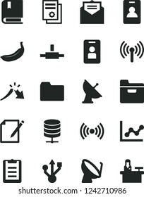 Solid Black Vector Icon Set - folder vector, graph, e, received letter, big data server, notes, banana, satellite dish, a crisis, scientific publication, usb, connect, wireless, clipboard, antenna