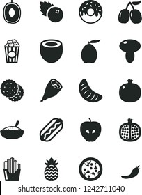 Solid Black Vector Icon Set - pizza vector, Hot Dog, mushroom, glazed cake with a hole, bowl of rice porridge, grill chicken leg, fried potato slices, cup popcorn, blueberries, biscuit, pomegranate