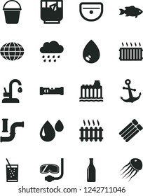 Solid Black Vector Icon Set - rainy cloud vector, bucket, sink, construction level, kitchen faucet, drop, anchor, fish, a glass of soda, tea, water pipes, hydroelectricity, cast iron radiator, globe