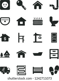Solid Black Vector Icon Set - baby cot vector, bath, a chair for feeding, house, dwelling, sink, toilet, siphon, power socket type b, interroom door, heating coil, home, key, nightstand, mortgage