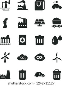 Solid Black Vector Icon Set - dust bin vector, bag with handles, apple stub, solar panel, working oil derrick, windmill, wind energy, factory, hydroelectricity, industrial building, drop, transport