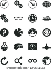 Solid Black Vector Icon Set - clock face vector, clockwise, question, gears, left bottom arrow, right, cheese, pizza, onion, glazed cake with a hole, round flask, connections, globe, pie charts