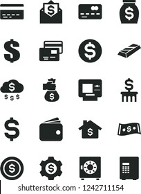 Solid Black Vector Icon Set - bank card vector, dollar, strongbox, cards, front of the, denomination, wallet, money, gold bar, bag hand, rain, coin, mortgage, column, gear, mail, atm, safe Solid Black Vector Icon Set - bank card vector, dollar, strongbox, cards, front of the, denomination, wallet, money, gold bar, bag hand, rain, coin, mortgage, column, gear, mail, atm, safe