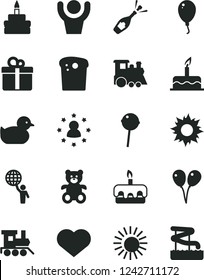Solid Black Vector Icon Set - heart symbol vector, baby duckling, teddy bear, toy train, children's, colored air balloons, balloon, cake, gift, Easter, torte, birthday, Chupa Chups, man hold world