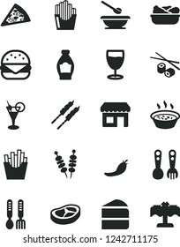 Solid Black Vector Icon Set - plates and spoons vector, plastic fork, iron, fried vegetables on sticks, piece of pizza, big burger, cake, porridge in a saucepan, lettuce plate, bacon, barbecue