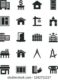 Solid Black Vector Icon Set - house vector, box of bricks, dwelling, window, frame, interroom door, buildings, city block, hedge, home, industrial enterprise, Construction crane, drawing compass