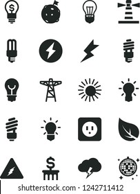 Solid Black Vector Icon Set - saving light bulb vector, power socket type b, lightning, storm cloud, leaf, pole, energy, mercury, lighthouse, electricity, flag on moon, dollar column, idea, sun