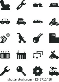 Solid Black Vector Icon Set - truck lorry vector, toys over the cot, Baby chair, summer stroller, motor vehicle, key, big solar panel, modern gas station, battery, eco car, repair, steel, limousine
