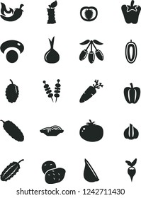 Solid Black Vector Icon Set - fried vegetables on sticks vector, slices of onion, cucumber, tomato, chili, peper, garlic, carrot, mulberry, goji berry, sweet date fruit, apple stub, half, potato