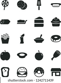 Solid Black Vector Icon Set - sausage vector, mini hot dog, big burger, muffin, piece of cake, slice, with a hole, glazed, bowl buckwheat porridge, plate milk, chicken thigh, lollipop, French fries