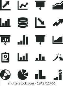 Solid Black Vector Icon Set - growth up vector, bar chart, graph, negative, histogram, big data, a crisis, statistical overview, ring diagram, pie charts, presentation, board, arrow, dollar pedestal