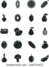 Solid Black Vector Icon Set - lettuce in a plate vector, cucumber, beet, pineapple, pear, tasty raspberry, mulberry, delicious plum, passion fruit, sweet date, yellow lemon, half of, tamarillo