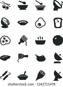 Solid Black Vector Icon Set - deep plate with a spoon vector, plates and spoons, spaghetti, noodles, bowl of buckwheat porridge, hot, chicken, grill leg, chop, meat on skewers, cabbage, fried egg
