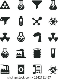 Solid Black Vector Icon Set - round flask vector, manufacture, factory, oil, barrel, industrial building, radiation, filter, water, research article, test tube, molecule, nuclear, biohazard
