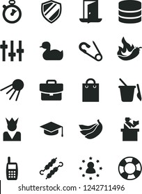 Solid Black Vector Icon Set - open pin vector, rubber duck, children's sand set, suitcase, square academic hat, artificial satellite, meat on skewers, bananas, hot pepper, mobile phone, bag, king