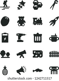 Solid Black Vector Icon Set - mug for feeding vector, small teddy bear, adjustable wrench, drill, fence, dust bin, piece of cheese, fish, a pineapple, honeycombs, coconut, charging battery, trees
