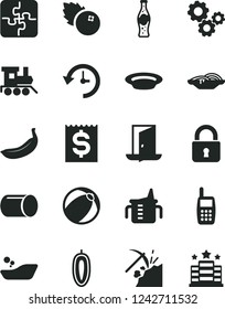 Solid Black Vector Icon Set - measuring cup for feeding vector, baby bath ball, children's bathroom, toy train, Puzzles, lock, slices of onion, plate, bottle soda, blueberries, sweet date fruit