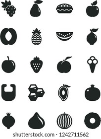 Solid Black Vector Icon Set - bib vector, apple pie, cone, strawberry, honeycombs, ripe peach, pomegranate, grape, quince, pear, apricot, fig, medlar, water melon, half of mango, slice, tasty plum