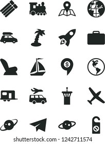 Solid Black Vector Icon Set - paper airplane vector, car child seat, map, planet Earth, saturn, rocket, dollar pin, plane, train, baggage, camper, sail boat, airport tower, suitcase, palm tree