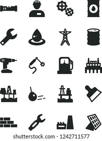Solid Black Vector Icon Set - repair key vector, workman, brick wall, gears, drill, construction level, putty knife, core, sea port, commercial seaport, gas station, oil, barrel, power line, drop of