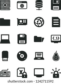 Solid Black Vector Icon Set - laptop vector, keyboard, big data server, part of guava, processor, notebook pc, encrypting, card, monitor, cd, usb flash, network, browser, folder, floppy, coding