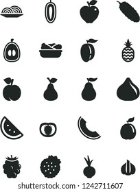 Solid Black Vector Icon Set - onion vector, lettuce in a plate, cucumber, beet, strawberries, pineapple, pear, orange slice, peach, red apple, fig, blackberry, of melon, half loquat, ripe plum