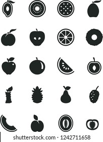 Solid Black Vector Icon Set - apple vector, pear, ripe peach, red, tasty, mulberry, slice of melon, water, half mango, loquat, tangerine, cherry, juicy lemon, kiwi, passion fruit, pineapple, stub