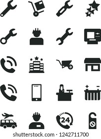 Solid Black Vector Icon Set - workman vector, building trolley, smartphone, 24, phone call, shipment, battery, builder, repair key, steel, stall, three stars, atm, hotel, transfer, receptionist