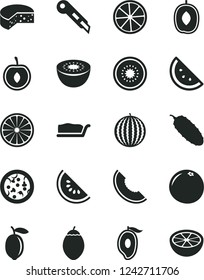 Solid Black Vector Icon Set - stationery knife vector, cheese, pizza, cake slice, cucumber, orange, water melon, of, half mango, delicious plum, cherry, lemon, kiwi, tamarillo, grapefruit