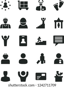 Solid Black Vector Icon Set - image of thought vector, cargo trolley, footprints, builder, pass card, racer, woman, man, scientist, carrer stairway, winner, hands up, with medal, stars around