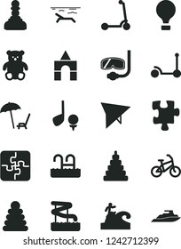 Solid Black Vector Icon Set - stacking rings vector, toy, small teddy bear, box of bricks, Kick scooter, child, Puzzle, Puzzles, pawn, air balloon, hang glider, bike, beach, arnchair under umbrella