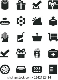 Solid Black Vector Icon Set - cargo trolley vector, first aid kit, e, drawer, gift, unpacking, tin, pizza, fried potato slices, cup of popcorn, conveyor, production, shopping basket, giftbox, safe