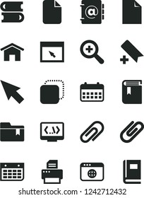 Solid Black Vector Icon Set - clip vector, add bookmark, clean sheet of paper, zoom, folder, book, books, home, address, copy, calendar, wall, printer, browser, coding, cursor, file