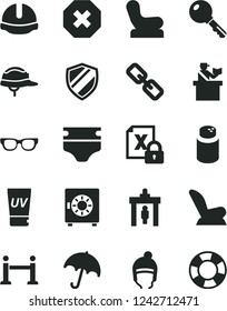 Solid Black Vector Icon Set - mark of injury vector, spectacles, diaper, powder, Baby chair, car child seat, winter hat, construction helmet, key, umbrella, strongbox, encrypting, glasses, uv cream