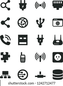 Solid Black Vector Icon Set - Puzzle vector, power socket type b, plug, electric, connection, connections, scheme, phone call, mobile, usb, router, network, browser, connect, lan connector, wireless