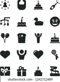 Solid Black Vector Icon Set - heart symbol vector, toys over the cradle, bib, rubber duck, colored air balloons, cake, birthday, gift, Easter, giftbox, man hold world, hands up, stars around