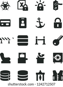 Solid Black Vector Icon Set - Baby chair vector, door knob, road fence, lock, anchor, big data, strongbox, reverse side of a bank card, encrypting, biohazard, rope barrier, security gate, key