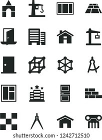 Solid Black Vector Icon Set - house vector, box of bricks, brick wall, window, frame, ntrance door, interroom, buildings, tile, paving slab, home, tower crane, Construction, drawing compass, 3d cube