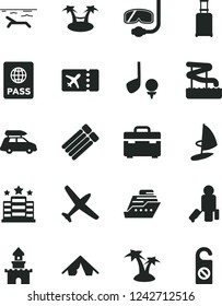 Solid Black Vector Icon Set - suitcase vector, passport, sand castle, plane, car baggage, passenger, rolling, ticket, tent, beach, palm tree, aquapark, diving mask, hotel, golf, cruiser, hammok