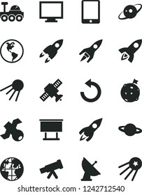 Solid Black Vector Icon Set - monitor vector, counterclockwise, artificial satellite, planet, Earth, billboard, rocket, tablet pc, telescope, antenna, saturn, lunar rover, flag on moon, first