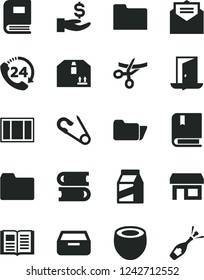 Solid Black Vector Icon Set - folder vector, open pin, e, books, window frame, received letter, book, drawer, cardboard box, 24, package, half of coconut, stall, get a wage, exit door, grand opening